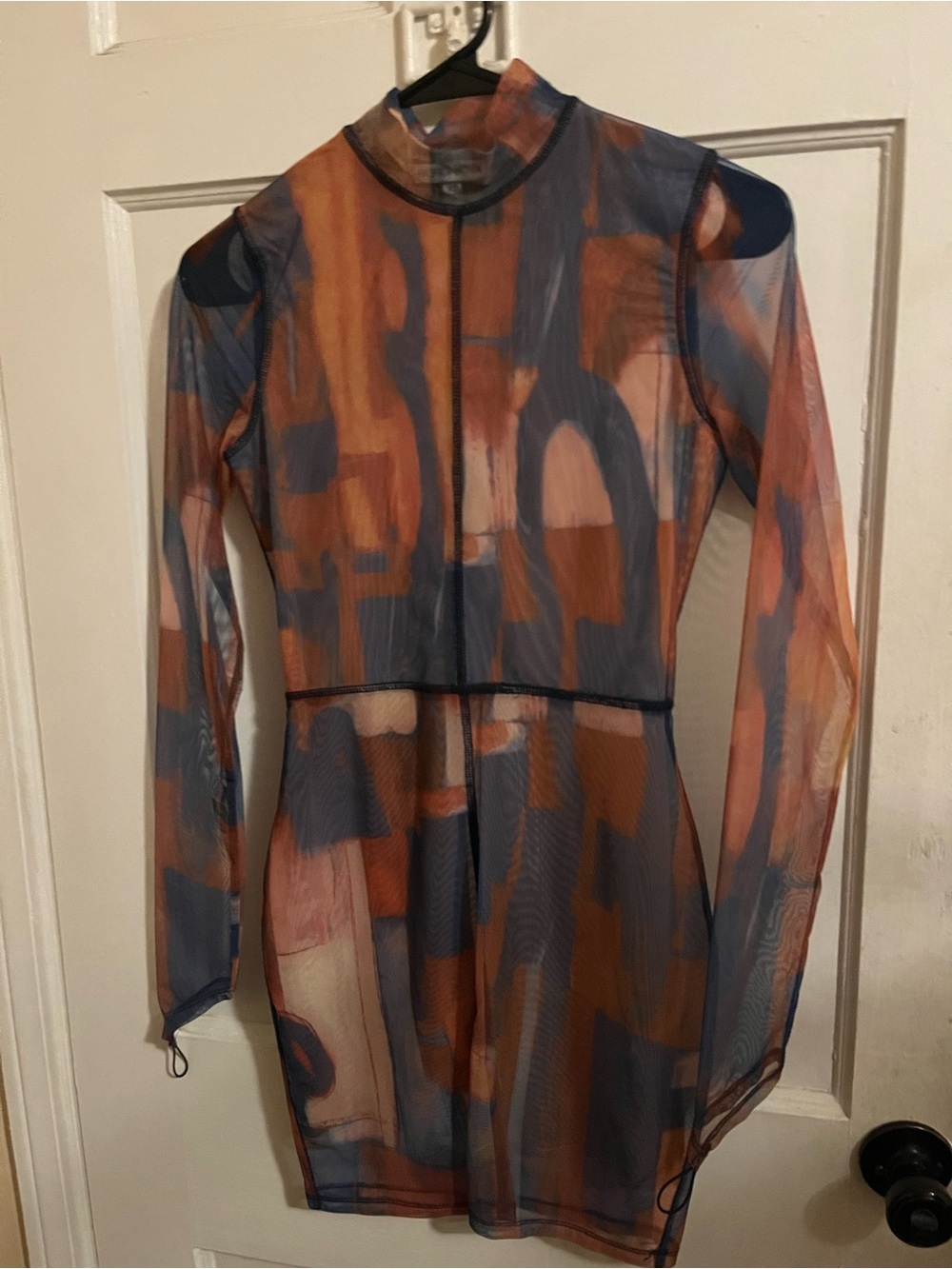 Fashion Nova Sheer Abstract Mesh Long Sleeve Dress - Blue & Orange